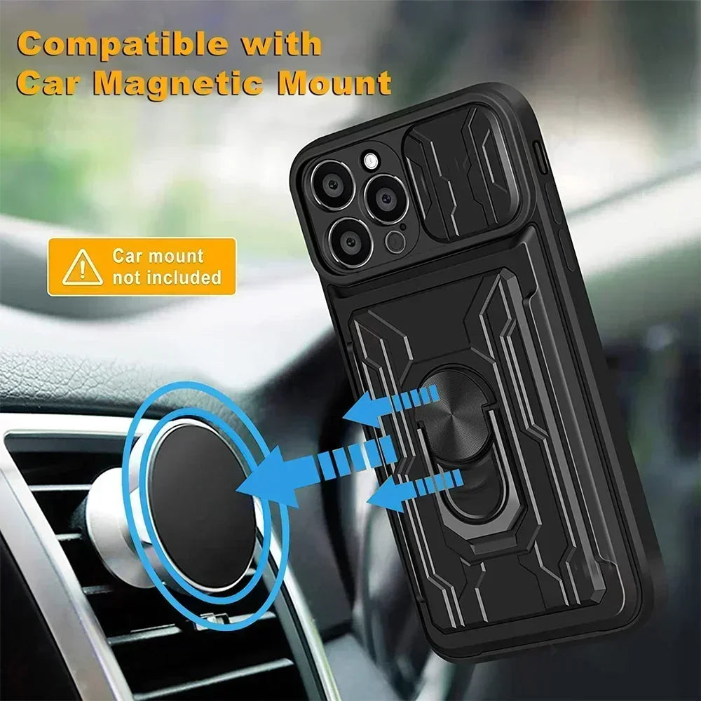 Case For iPhone Slide Camera Card Slot Military Grade Ring 360 Magnetic