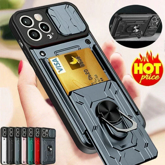 Case For iPhone Slide Camera Card Slot Military Grade Ring 360 Magnetic